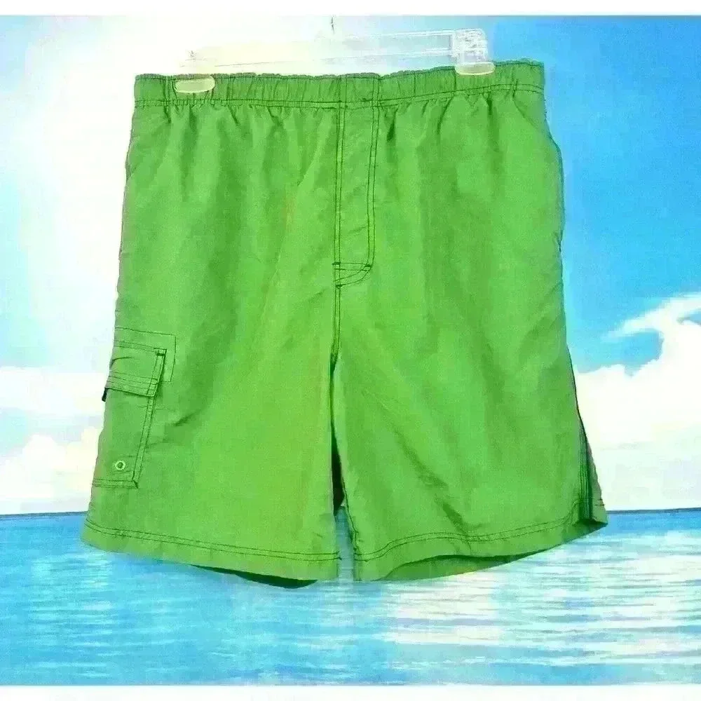 IGUANA GREEN Bathing Swim Suit Board CARGO Shorts LINED Elastic Waist size 2x